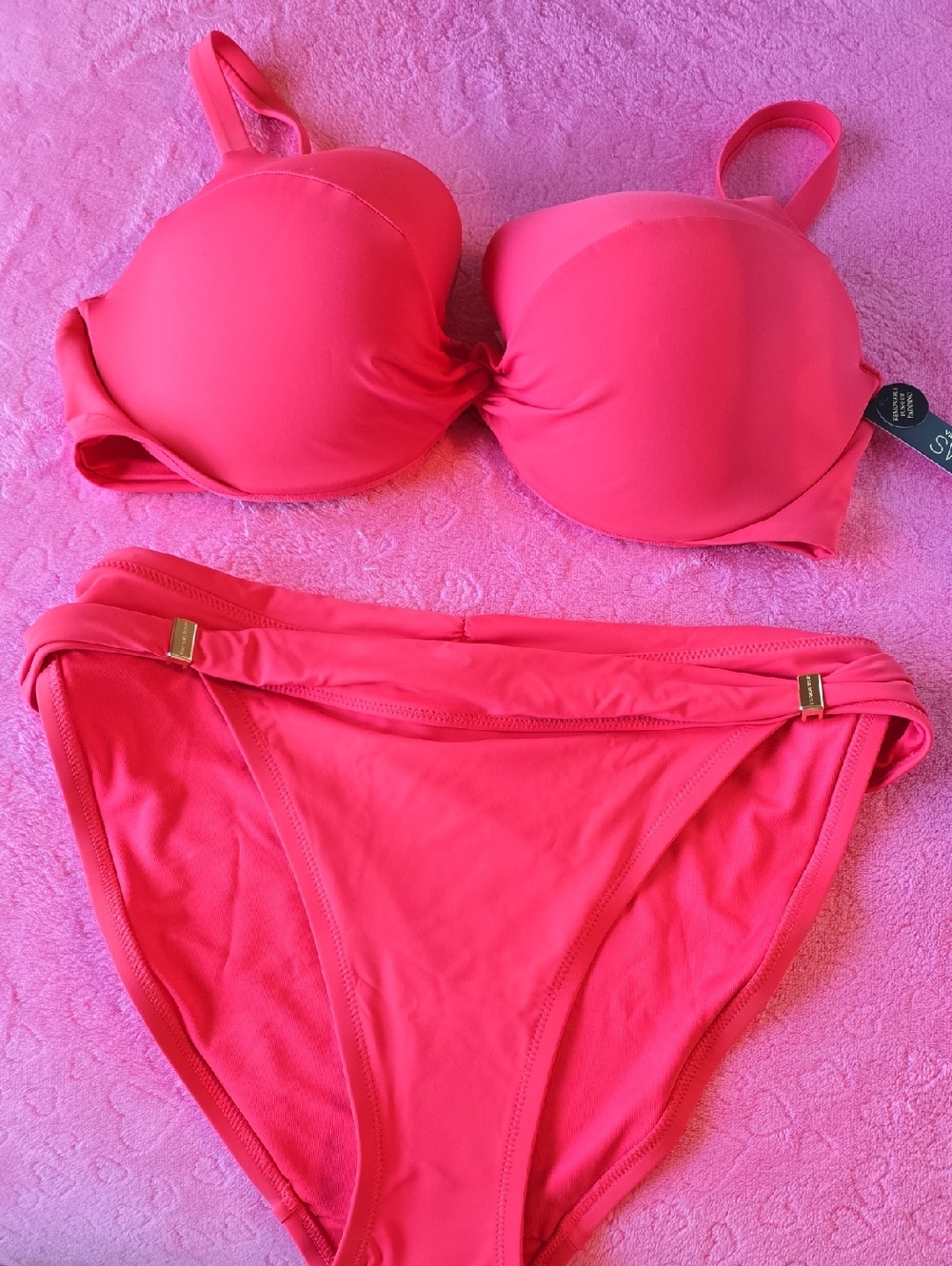 Victoria's Secret Coral Pink Bikini Top and Bottom with Gold Accents